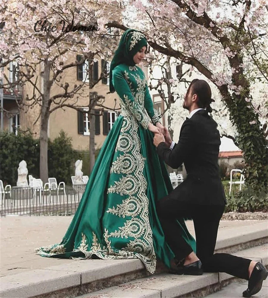 Vestido de noiva muçulmano com renda dourada, manga comprida, vintage e elegante, marroquino, Dubai e árabe, vestido de noiva gótico, verde, 2023