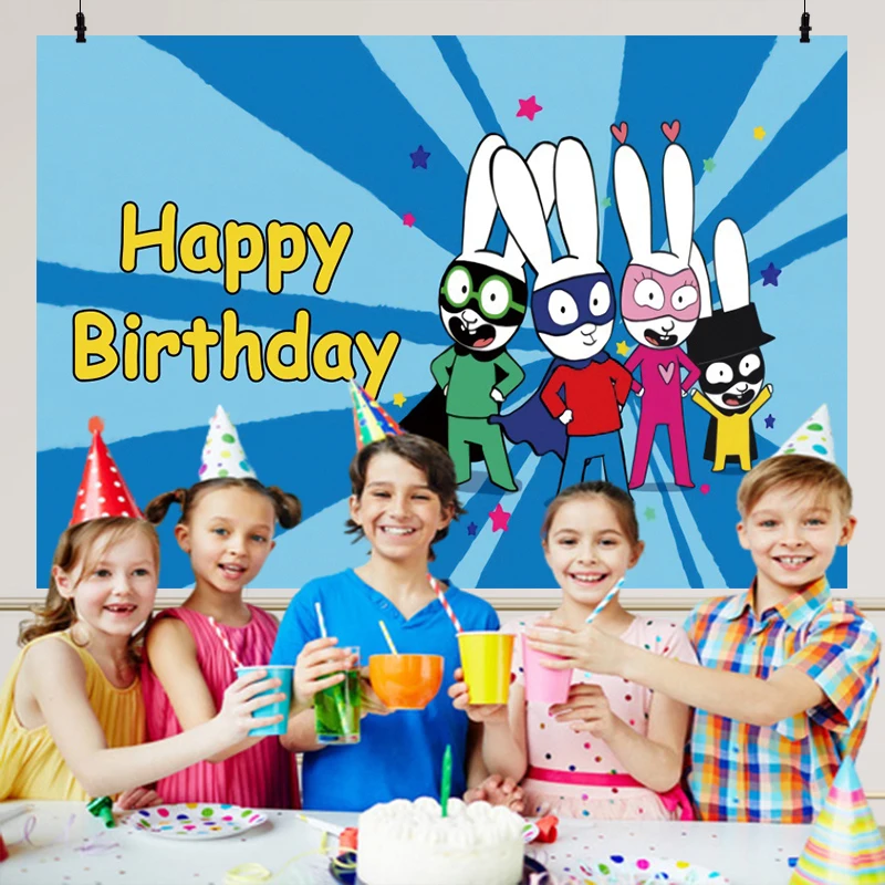 Hintergrund Simon Super Kaninchen Geburtstags feier Dekoration Banner für Kinder Cartoon Hase Superheld Foto Hintergrund Fotografie Requisiten