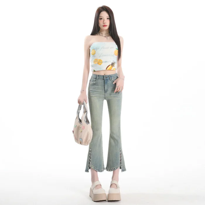 Nuevos pantalones vaqueros micro acampanados con cuentas de alta resistencia, nuevos pantalones vaqueros de nueve pulgadas de estilo informal con abertura elástica a la moda para primavera y verano para mujer