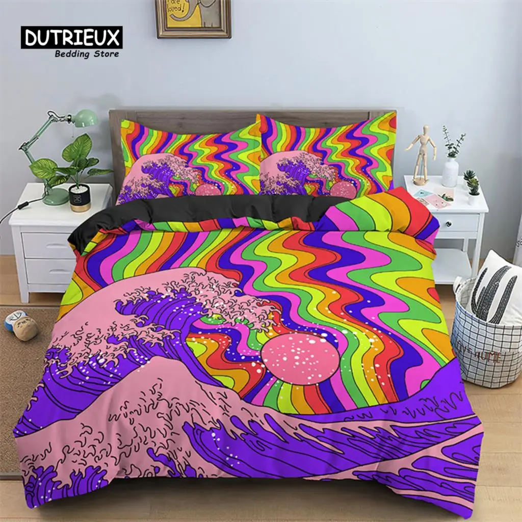 

Japanese Waves Duvet Cover Microfiber Abstract Geometric Pattern Bedding Set Psychedelic Comforter Cover For Girls Teen Bedroom