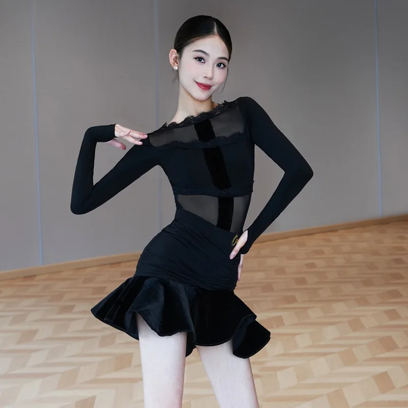 Vêtements de danse latine pour femmes, vêtements d'entraînement, col en dentelle, justaucorps noir, jupe à volants, Costume Cha Cha Rumba, Costume d'entraînement latin 2113