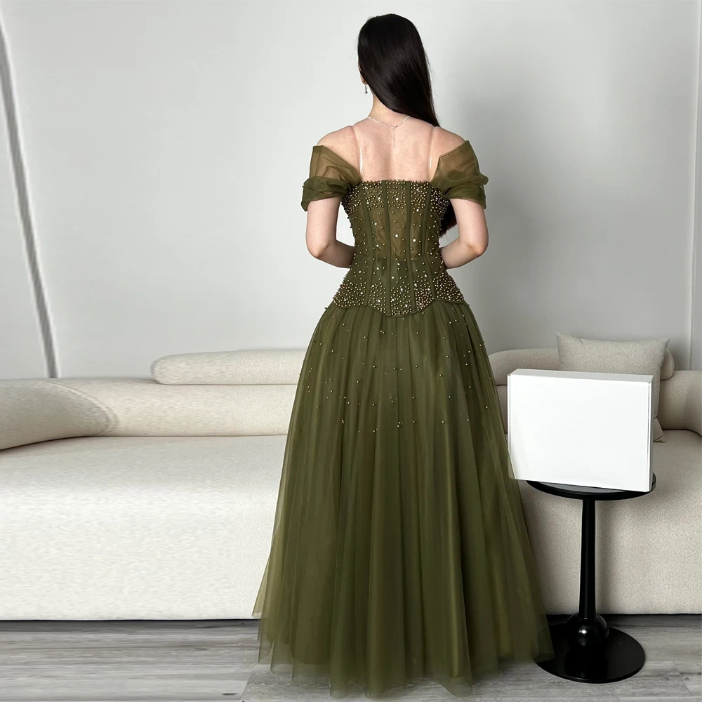 Maßgeschneidertes olivgrünes Abendkleid mit Perlenkorsett, Ballkleider, schulterfrei, A-Linie, Tüll, weiches Hochzeitskleid