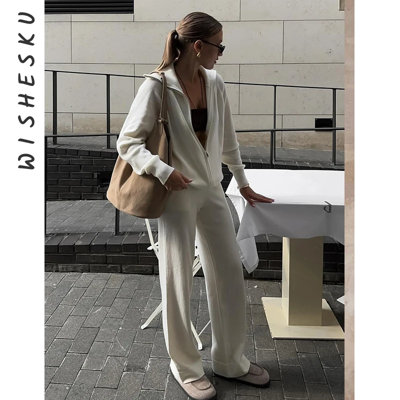 

Two Piece Set Women Knitted Tracksuits Sexy Long Sleeve Stand Collar Sweater+High Waist Casual Pants Outfits 2025 Fall Winter