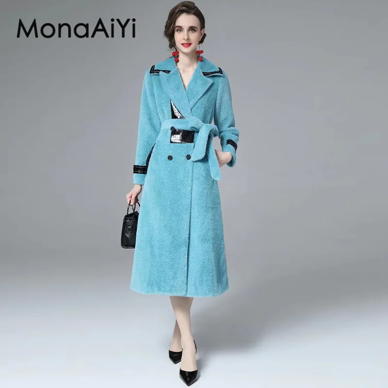 

MonaAiYi Fashion Design Autumn Women's Turn-Down Collar Long Sleeved Single-Breasted Pocket Lace-Up High-End Slim Coat