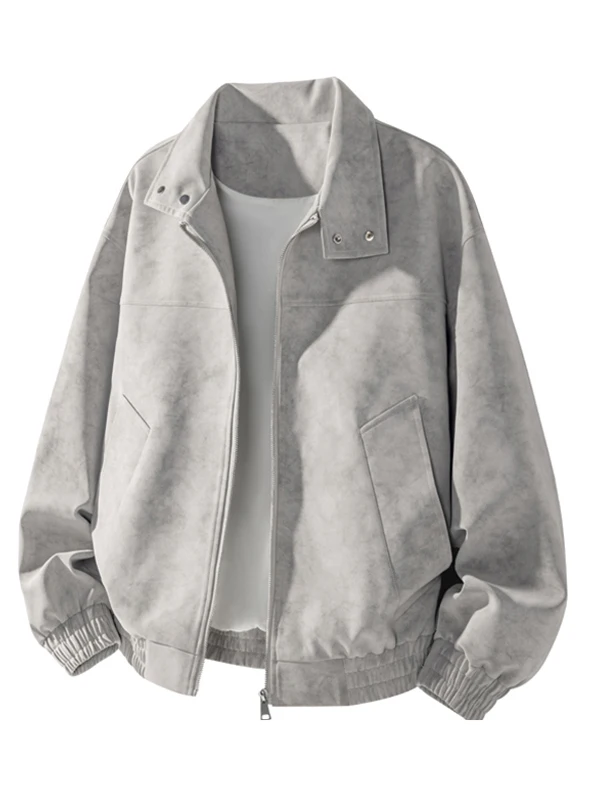 

American Classic Hong Kong Sle Leather Jaet Outerwear Loose Fit High Collar Zipper Closure Long Sve Windproof Coat