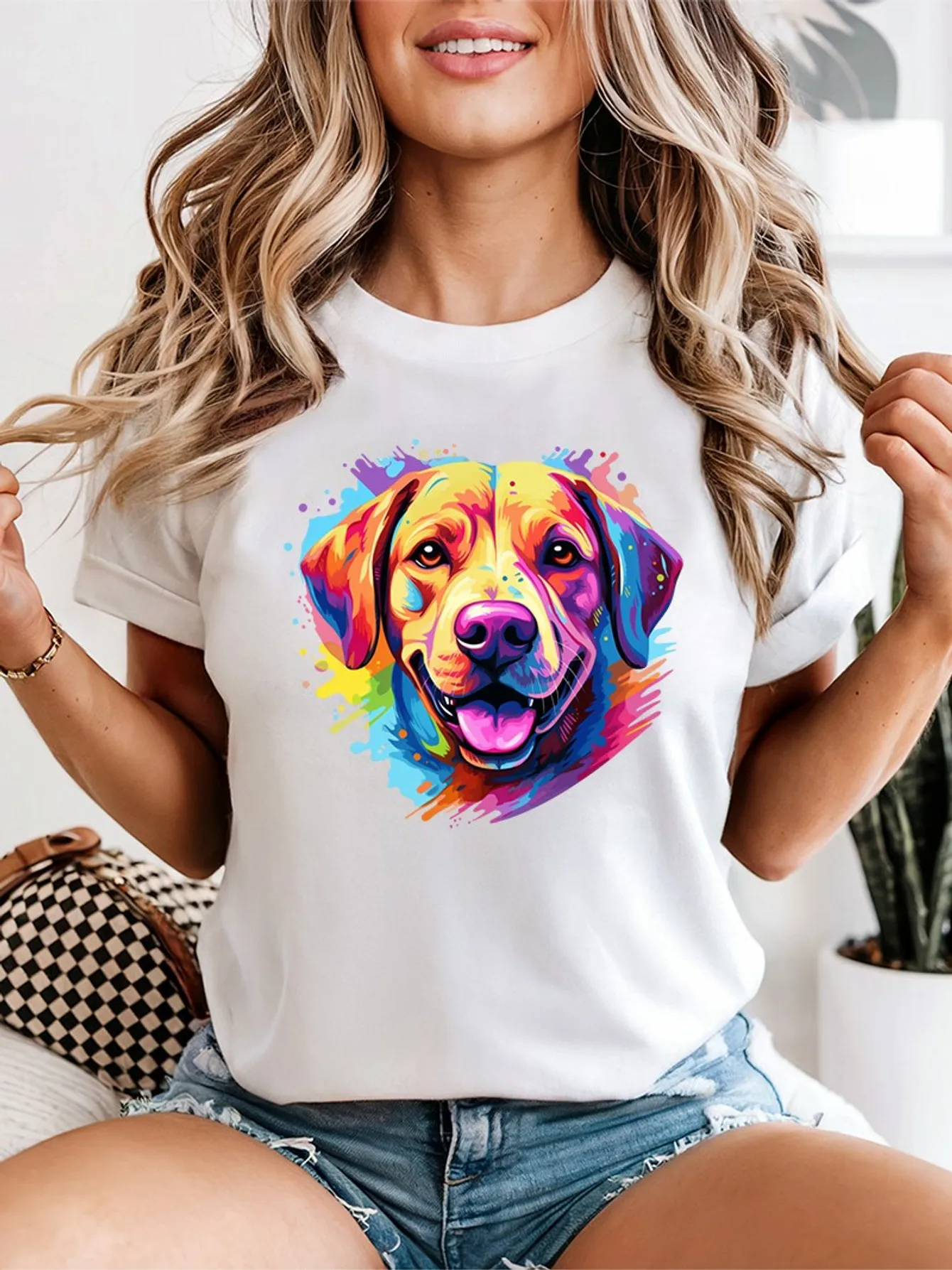 Cute Colorful Splash Art Labrador Retriever Dog Portrait Art Print Graphic Ladies T Shirt Short Sleeve Crew Neck Casual Tee Tops