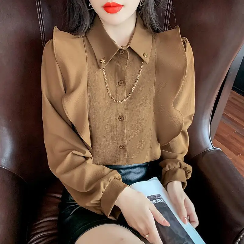 Women Spring Simplicity Vintage Ruffles Solid Color Turn-down Collar Long Sleeve Shirts Women Clothes Casual All-match Thin Tops