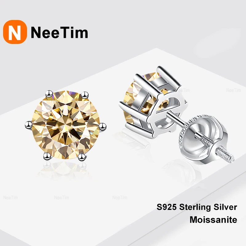 NeeTim 0.5ct 1ct Pink Grey Black Moissanite Earrings for Women 925 Sterling Silver Screw Earrings Women's Earrings Fine Jewelry