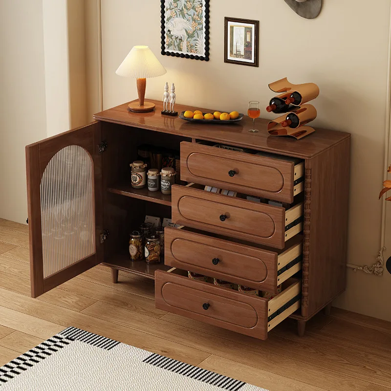 Living Room Solid Wood Storage Side Cabinet For Home Kitchen Multi-functional Small Cabinet Walnut Color