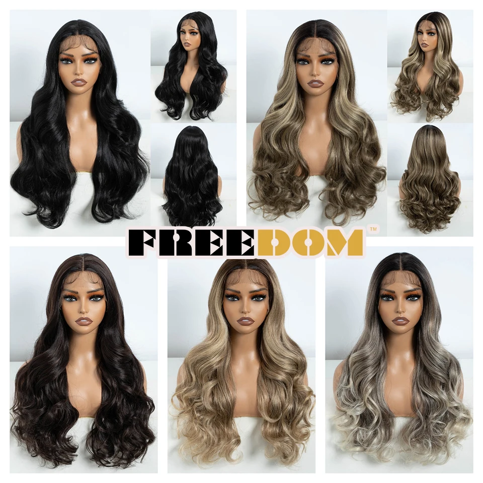 FREEDOM Synthetic Lace Front Wigs For Women 24 Inch Long Wavy Ombre Blonde Brown Highlight Lace Wig Heat Resistant Daily Use Wig