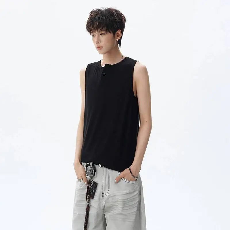 LUZHEN 2026 Summer Original Single Buttoned Round Neck Tank Tops Men's Handsome Solid Color Casual Sleeveless T-shirts JY7233