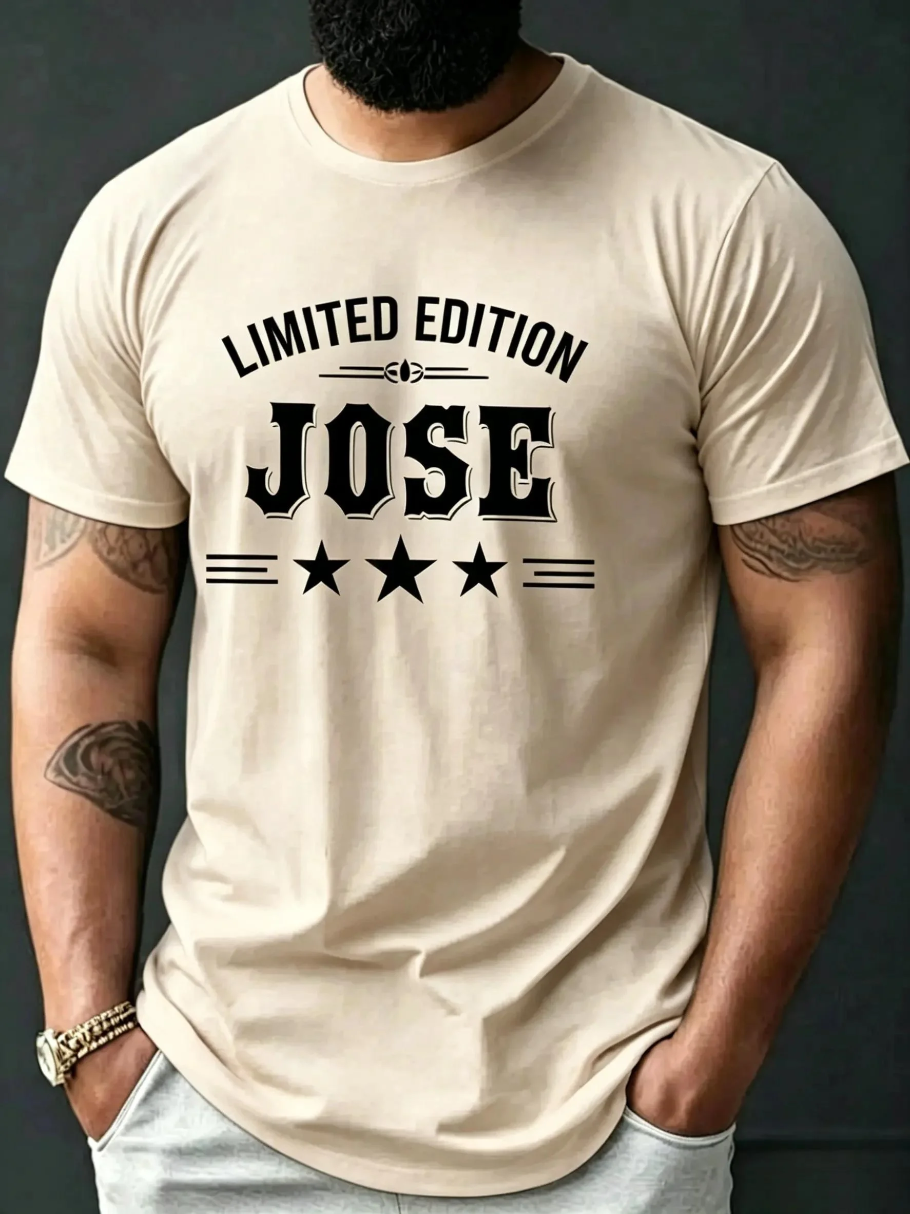 Men'S Limited Edition Jose Print T-Shirt - Casual Crew Neck Short Sleeve with Star Design, Summer Fashion