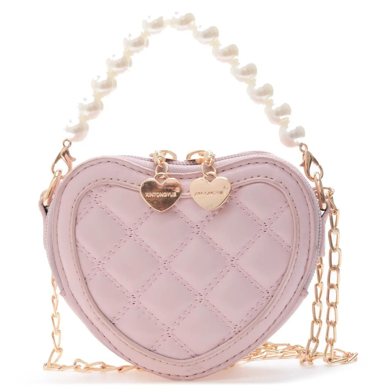 Kids Mini Candy Color Pearl Chain Handle Messenger Bag Women PU Elegant Love Heart Small Shoulder Crossbody Handbag Gift KBG063