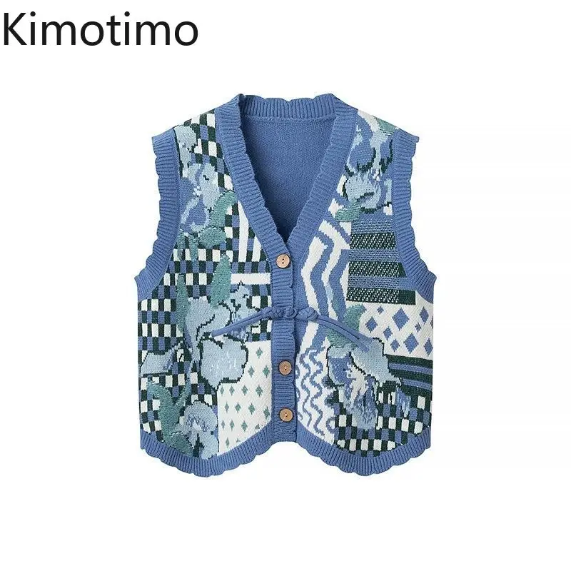 

Kimotimo Vintage Jacquard Knitted Vest Women 2026 New V Neck Sleeveless Design Sweater Cardigan Sweet Overlap Waistcoat Crop Top