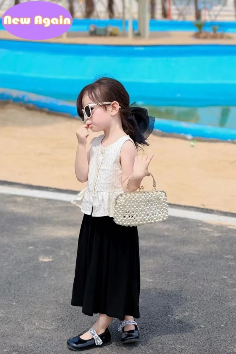 Girls handmoven beaded pearl handbags Children's Chic chain totes Kids princess crossbody bags Teenagers Shoulder Bags NA013