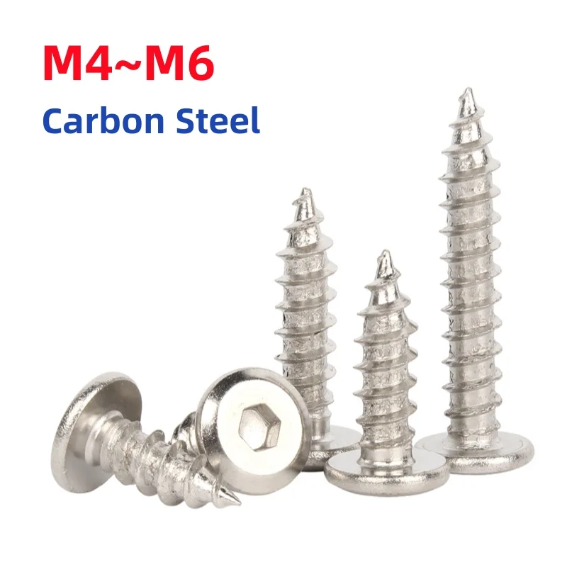 

M4 M5 M6 Nickel Plated Carbon Steel Hexagon Hex Socket Hypotenuse Flat Head Ultra Thin Flat Wafer Head Self Tapping Wood Screw