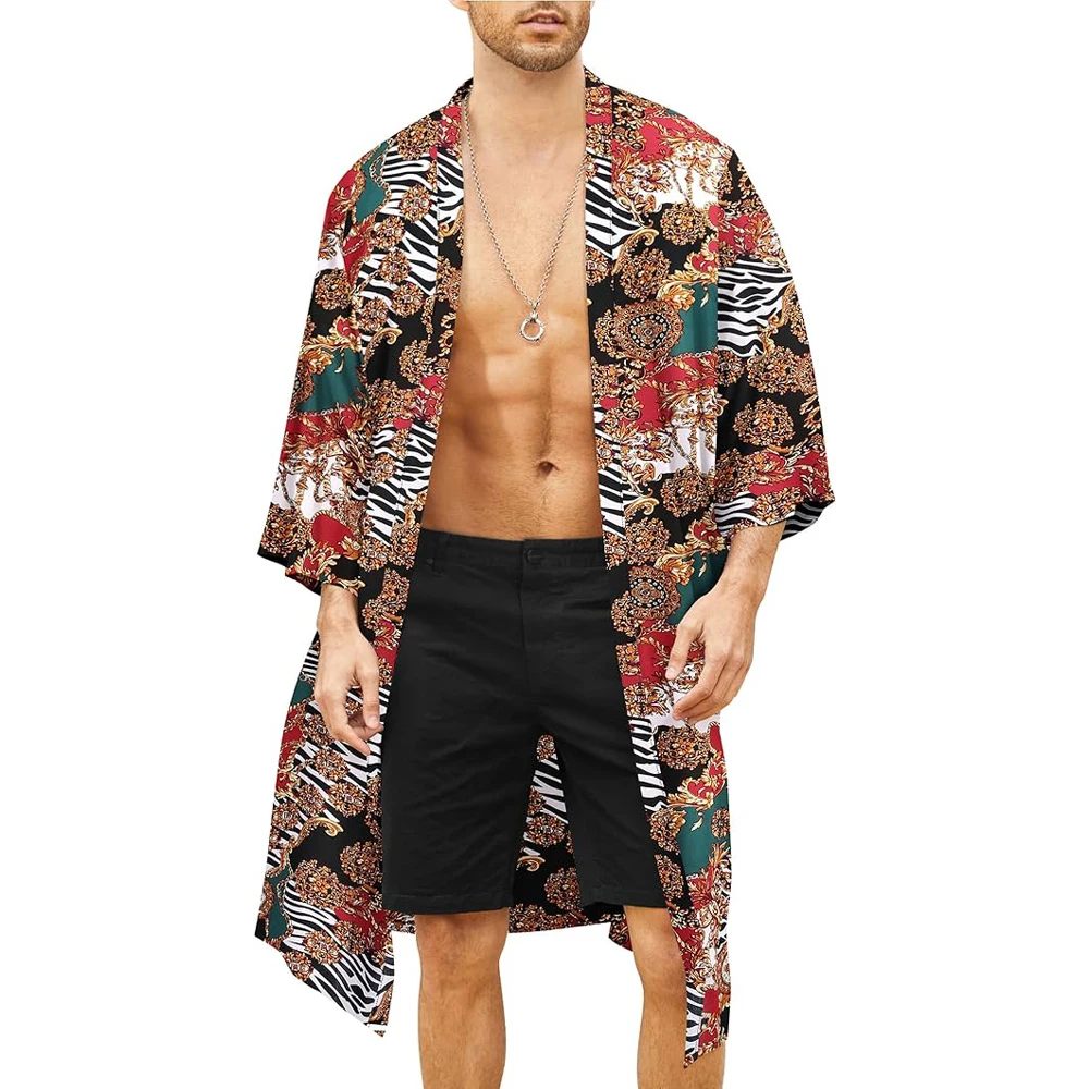 Men\'s Lightweight Kimono Robe Japanese Bathrobes Open Front Long Cardigan Cloak with Belt