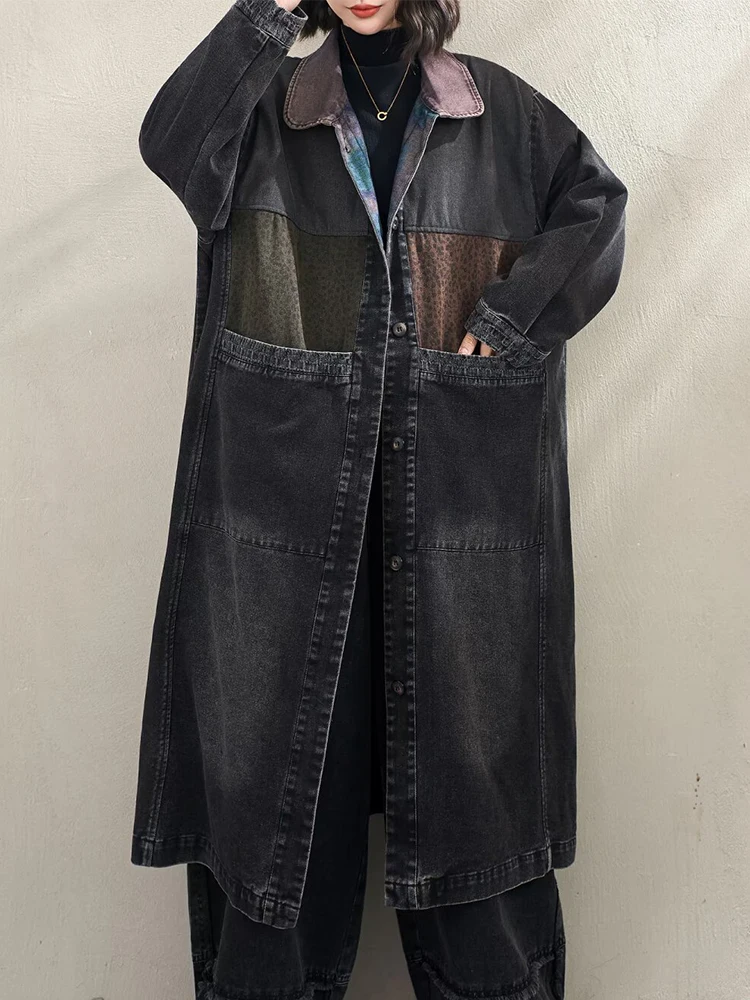 Amax LuluE 春 ブリティッシュ ヴィンテージ パッチワーク トレンチコート レディース 2026 クラシック デニム ウィンドブレーカー レディース ルーズ カジュアル ロングコート