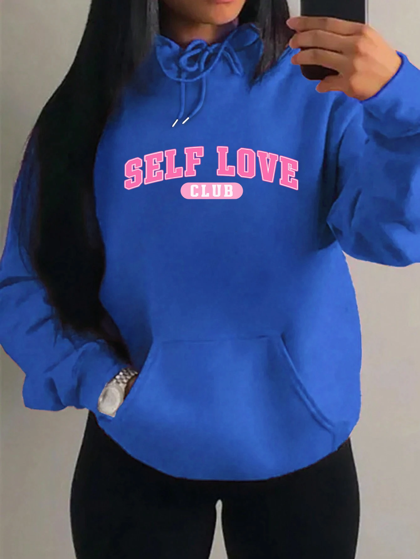 Self Love Club Pink Letter Pattern Women Hoodie Autumn Street Pullover Simplicity Casual Clothing Female Fleece Oversized Hoody