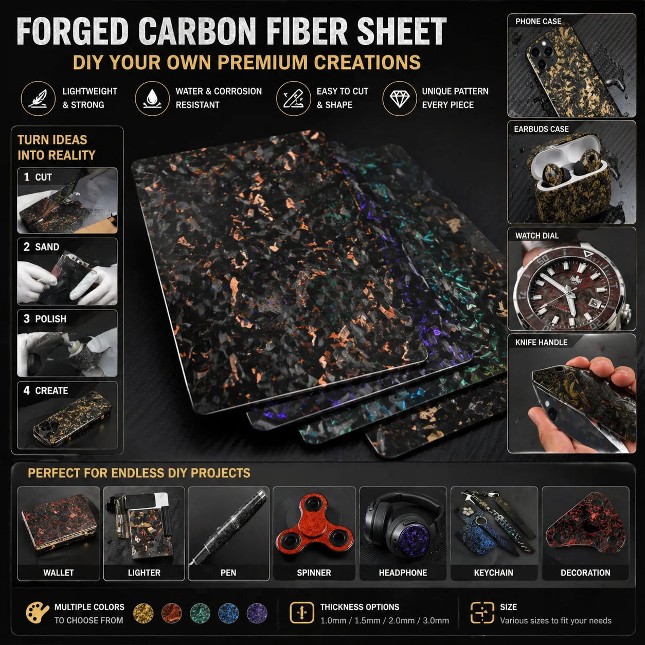 Forged Carbon Fiber Sheet – Nebula Series Multi-Color Pattern Knife Scales / DIY Composite Material