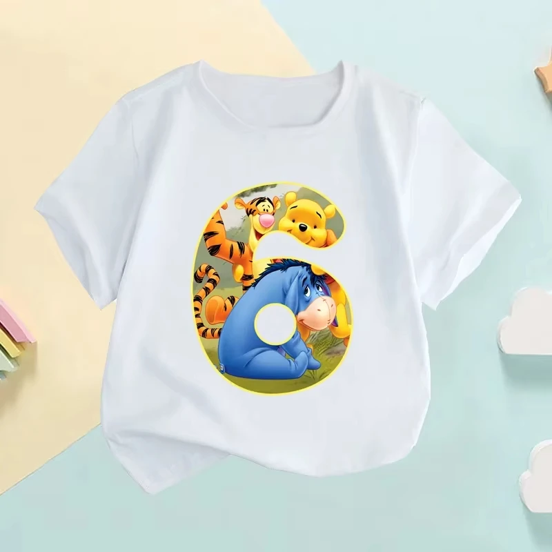 2026 コットン子供用ラウンドネック Tシャツかわいいくまのプーさん誕生日番号漫画プリント半袖