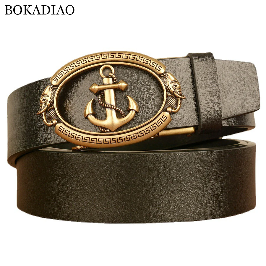 

BOKADIAO Men Genuine Leather Belt Luxury Gold Navy Metal Automatic Buckle Cowhide Belts for Men Jeans Waistband Male Strap Black