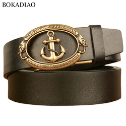 BOKADIAO Men Genuine Leather Belt Luxury Gold Navy Metal Automatic Buckle Cowhide Belts for Men Jeans Waistband Male Strap Black