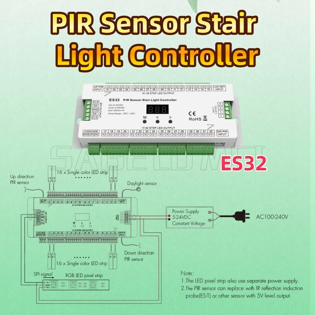 

ES32 Skydance 5-24VDC PIR Sensor Stair Light Controller Human Body Infrared Sensor Switch Output Connected LED Light Belt 32CH