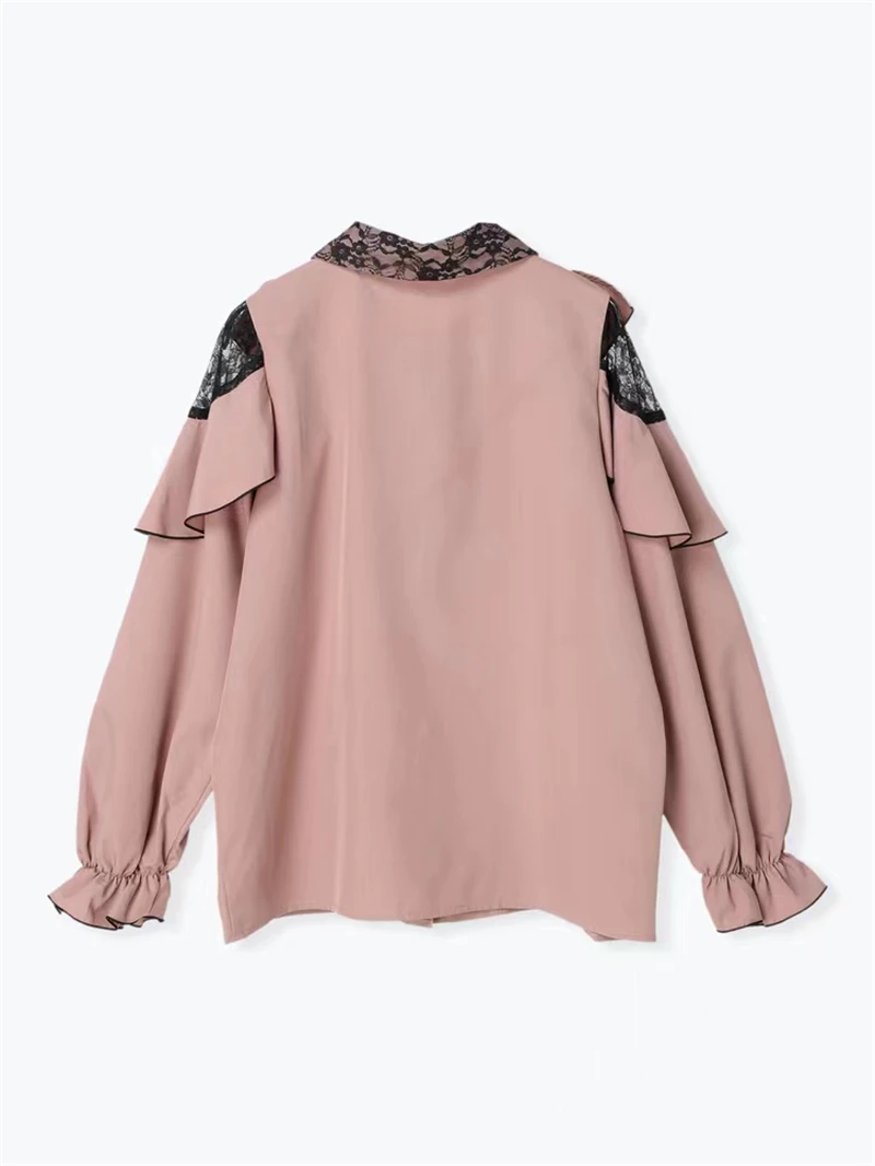 Japanese Style Cute Woman Lace Stitching Hollow Ruffle Sleeve Blouse 2023 Spring New Sweet Women Loose Long Sleeve Bow Shirts