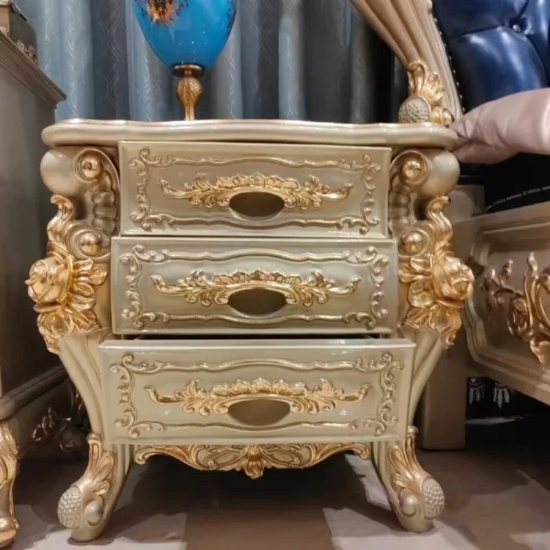 Bedroom furniture bedside table hand carved solid wood frame gold bedside table