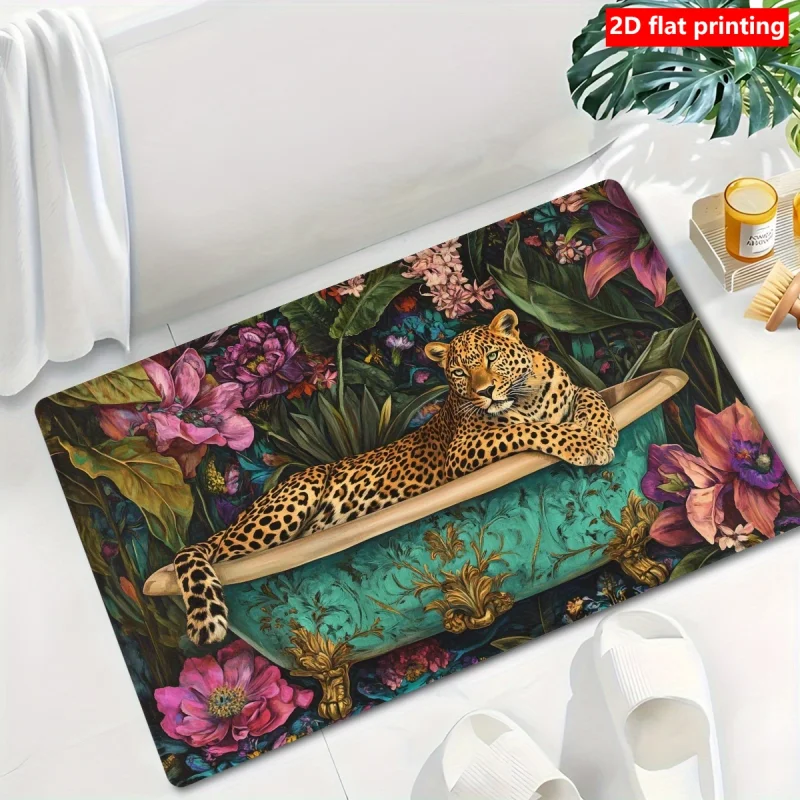 VIKAMA Tropical Floral Leopard Bath Mat Vintage Luxury Print Anti Slip Water Absorbent Bathroom Floor Rug Home Decor