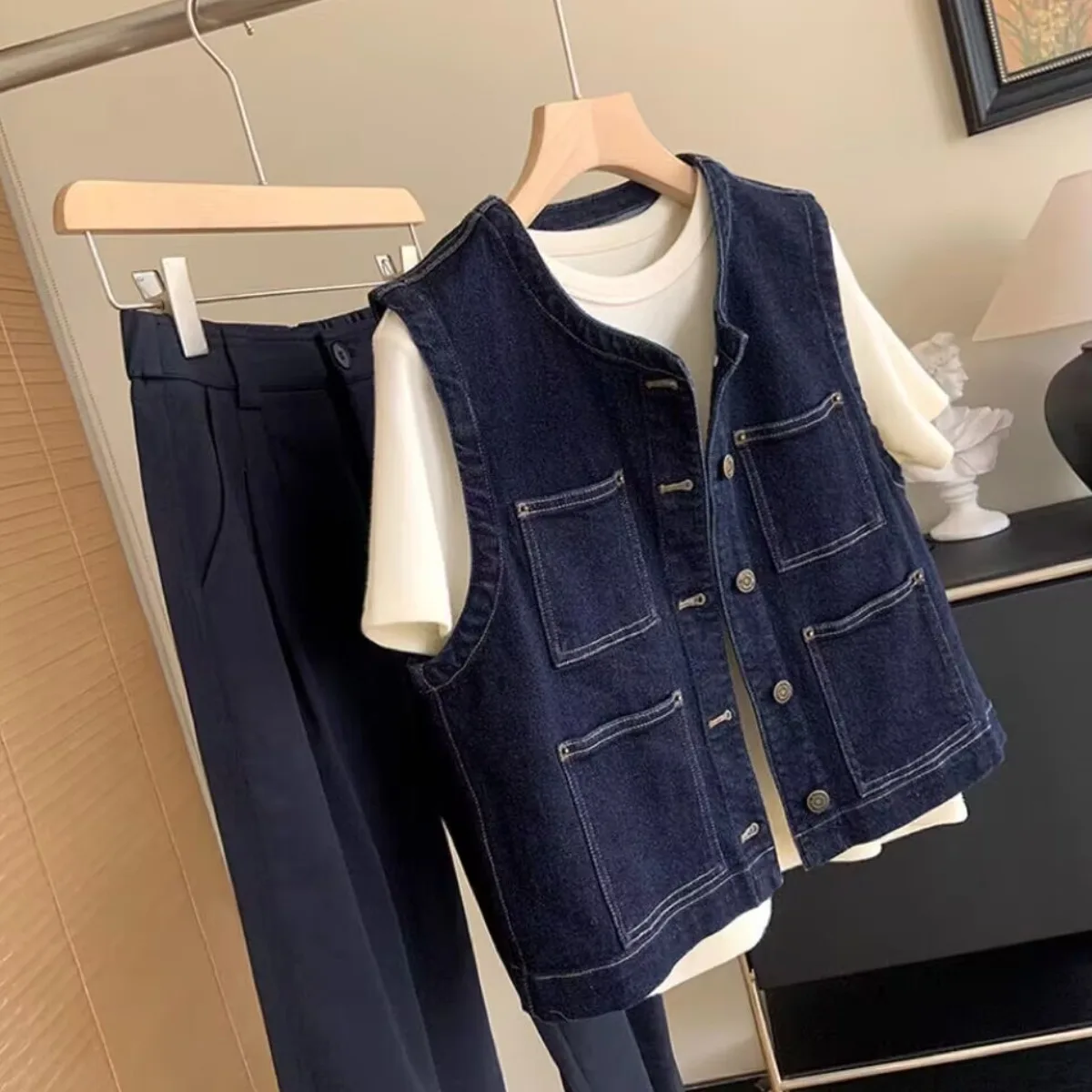 

Faionable Deep Blue round Ne ort Denim Vest Women's Summer High-End Sensation Layering Versatile Svel Tank Top Ja...