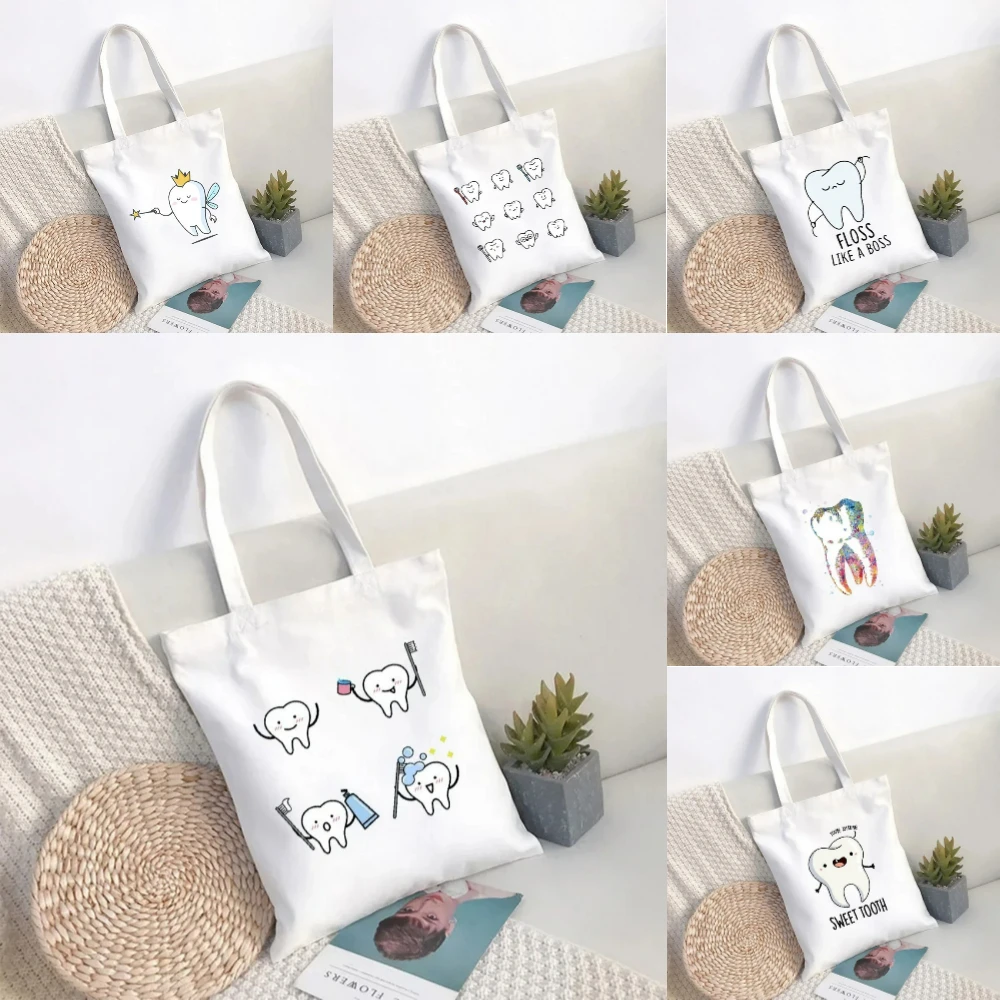 

1pc Playful Teeth and Dentist Girl Handbag Fun Fashion Bag Leisure Environmental Large Capacity Portable Shopping Bag Gift
