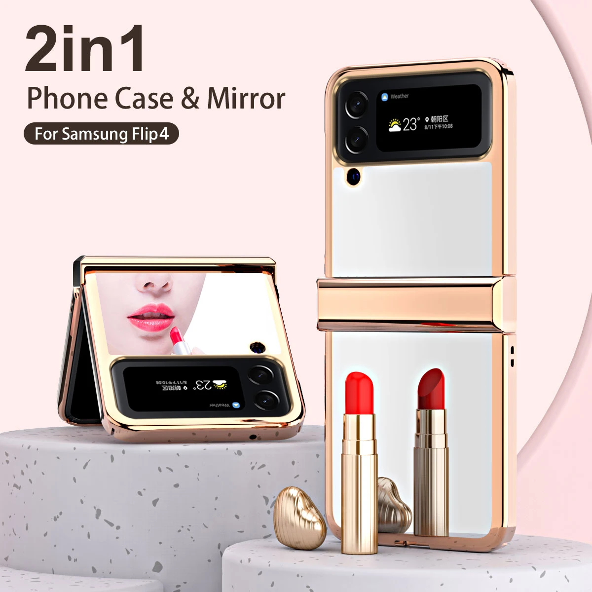 

3in1 Electroplated Glossy Makeup Mirror 360 Full Cover for Samsung Galaxy Z Flip 4 Flip4 Hard Plastic Hinge Protection Back Case