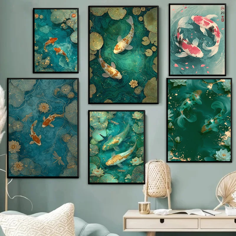 Japanese Water Garden Red Koi Fish Minimalist Poster Modern Japan Zen Aesthetic Canvas Painting Wall Art Living Room Home Decor