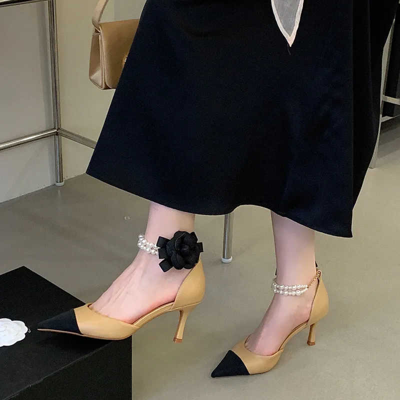 

Women High-heeled Shoes Fashionable 2026 New Flower Pointed-toe Pearl Chain Toe Women Sandals 7cm High-heeled Shoes Womens Shoes