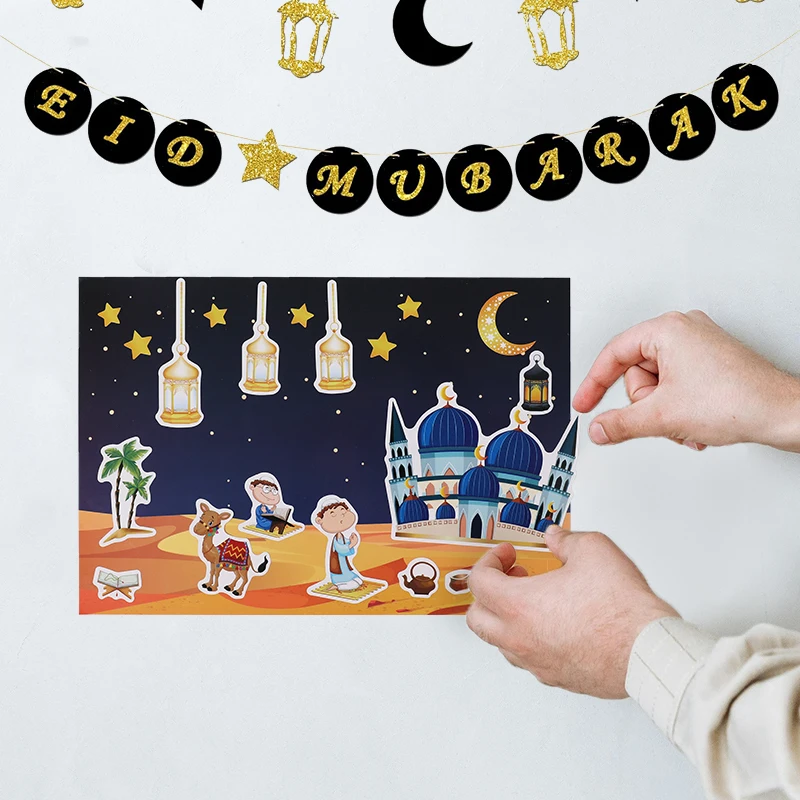 12pcs Ramadan DIY Puzzle Stickers Kids Gift Puzzle Game Toy Islam Muslim Party Supplie 2025 Eid Mubarak Home Decoration Sticker