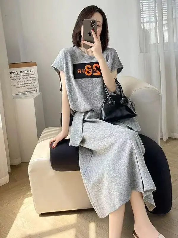 Plus Size Casual Faion Set Abbigliamento donna Or Sve Gonna a trapezio a vita alta Abito estivo Copertura per pancia di carne nascosta