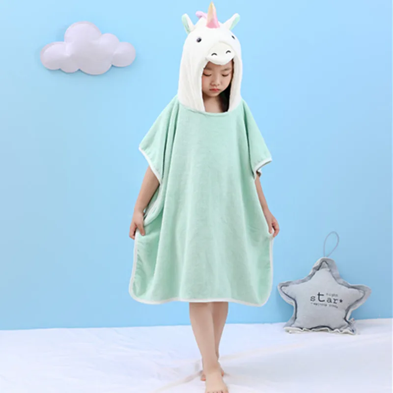 Baby Shower Cloak Bathrobe New Coral Plush Children's Water Absorbent Quick Drying Hood Bath Towel Cartoon Unicorn Hooded Cape