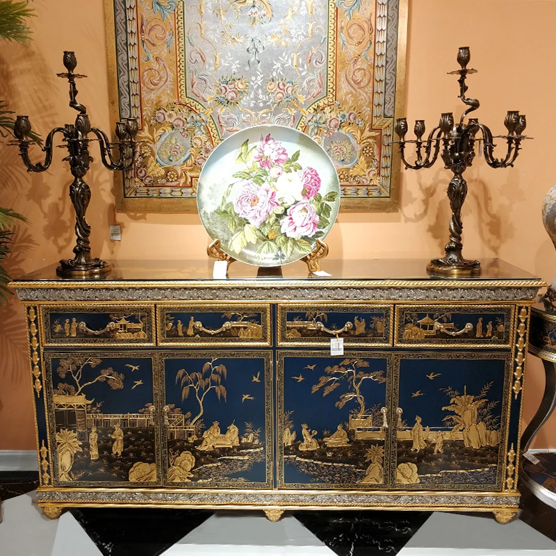 Solid Wood Chest of Drawers Golden Hand Painted Curio Cabinet Hallway Display Cabinet Villa Lobby