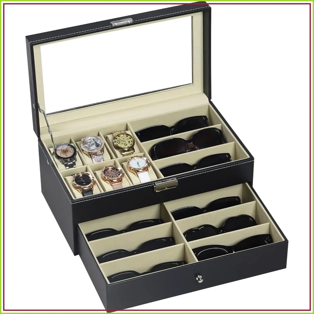 Leather 6 Watch Box & 9-Slot Eyeglass Case with Lock, Display & Storage, Black