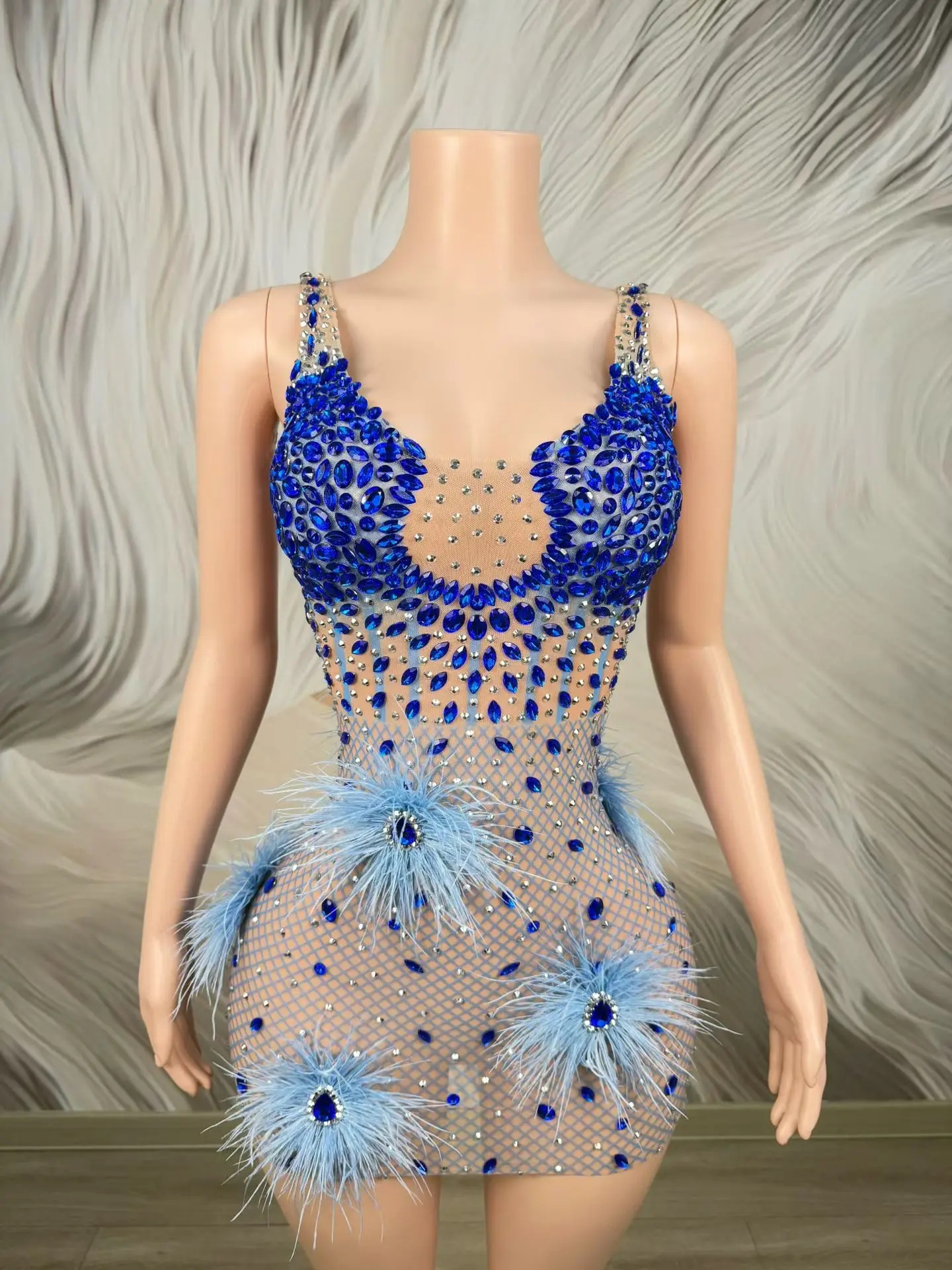 Haidan Shiny All Over Gradient Sapphire Rhinestone Nude Mesh Mini Dress Thin Strap V Neck Decorative Feather Photoshoot Outfit