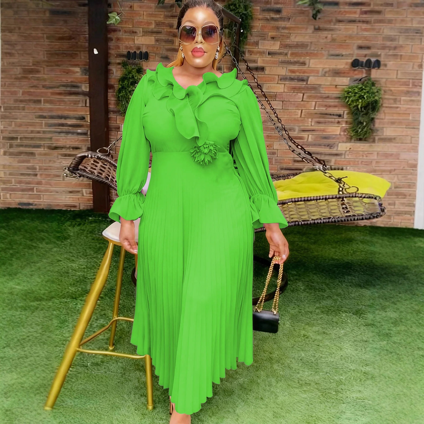 

Plus Size Women's Clothing Ruffled Decoration Long Sleeve Pleated Dress Banquet Fashion Elegant Party Dress Elegantes Casual Y2K