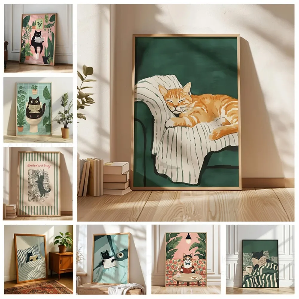 1 pieza de arte de pared sin marco con impresión de gato leyendo, arte de pared de gato negro, póster cómodo para dormitorio,