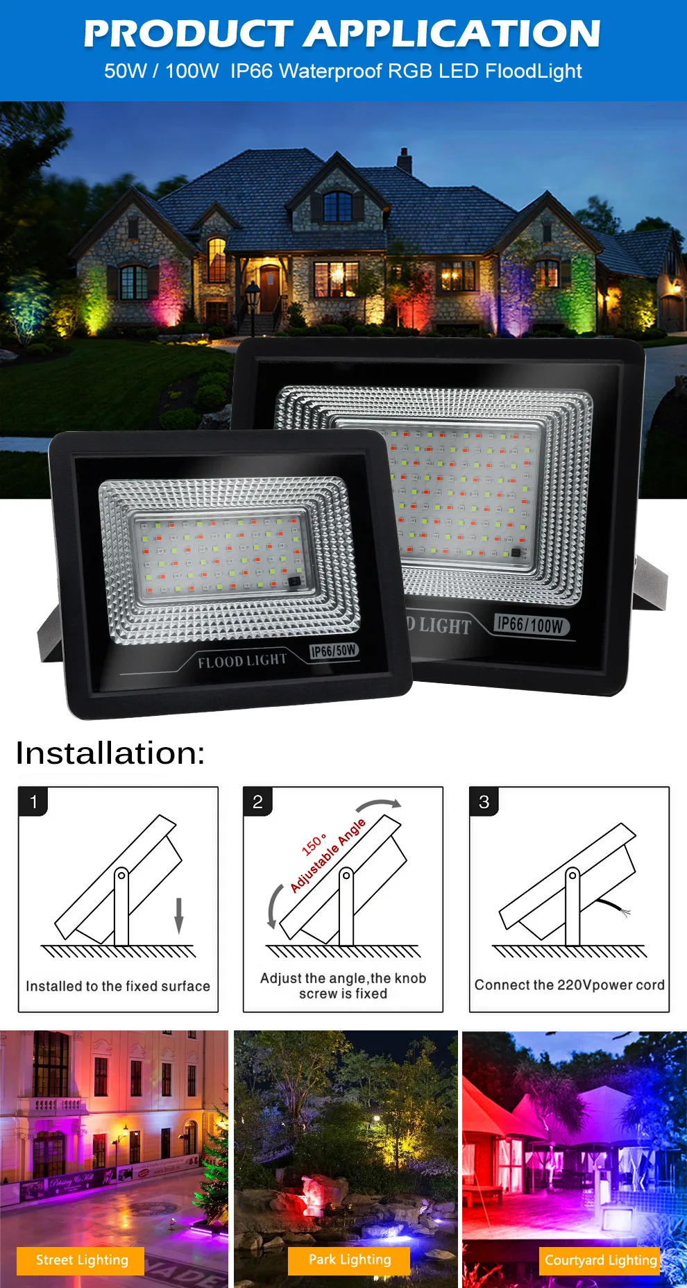 LED Outdoor Flood Light, Waterproof Spot Light, RGB Color Changing, 120 Colors Uplighting, RGBW, IP66, 100W