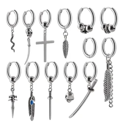 1PC 361L Surgical Steel Hoop Earrings Sword Dangle Earrings Punk Long Chain Pendant Dangle Earrings For Women Men Ear Jewelry