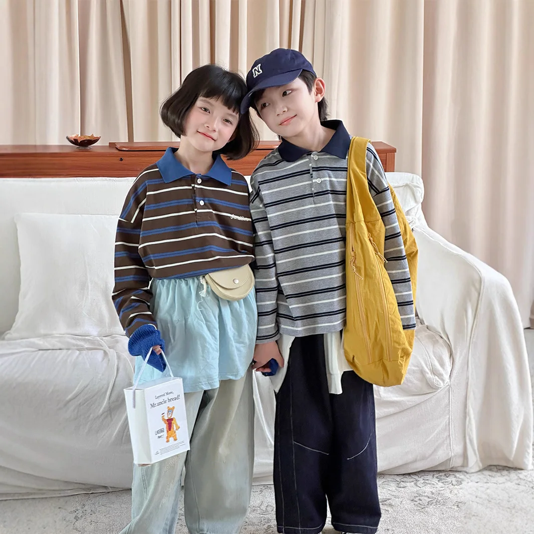 Herbst Kinder Jungen Gestreiften Langen Ärmeln Lose Drehen Unten Kragen Kinder Jungen Pullover Casual Brief Stickerei Kleinkind Jungen Tops