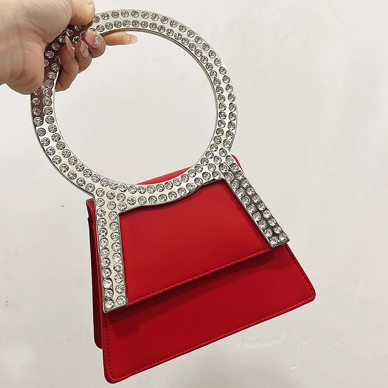 Women's new super bright diamond inlaid handbag fashion round handle handbag and super sparkling rhinestone trapezoidal handbag