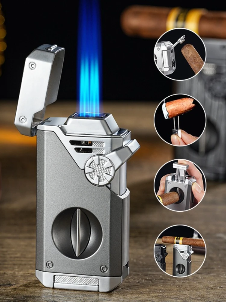Allume-cigare à quatre flammes bleues, couteau à fumée en V, plate-forme de forage de cigares, fourchette Anti-coup, Ventilation visuelle, allume-cigare multifonctionnel