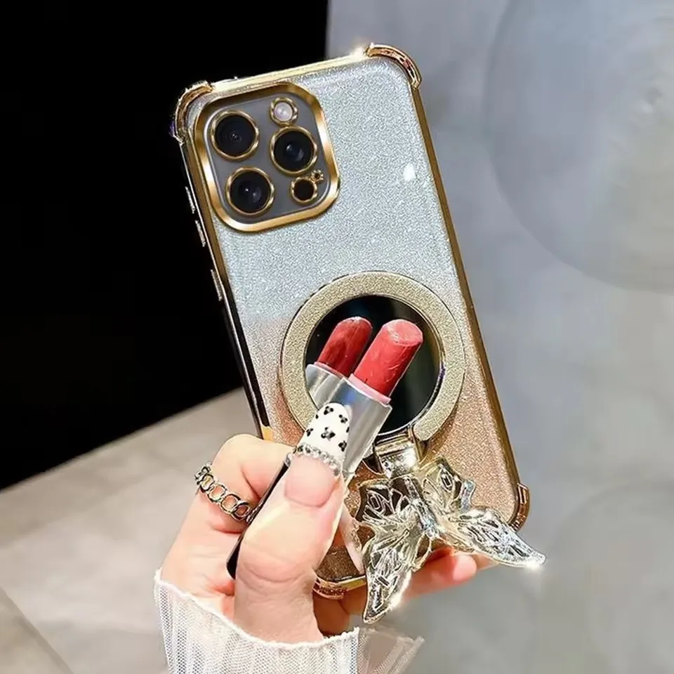Shockproof Mirror Butterfly Holder Phone Case For Xiaomi Poco C75 C71 C65 C61 C55 C40 M7 4G M6 Plus M5S M3 M2 Pro 5G Soft Cover